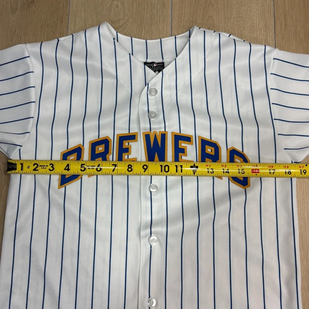 Majestic Milwaukee Brewers MLB Pinstripe Baseball Jersey Youth Large White Blue